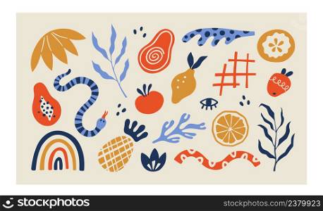 Organic blobs, tropic fruits and leaves in matisse style. Set of trendy doodle abstract elements. Bundle with natural shapes, random freehand matisse collection. Vector illustration.. Organic blobs, tropic fruits and leaves in matisse style. Set of trendy doodle abstract elements. Bundle with natural shapes, random freehand matisse collection. Vector illustration