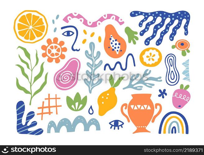 Organic blobs, tropic fruits, leaves, human face and coral in matisse style. Set of trendy doodle abstract elements. Bundle with natural shapes, random freehand matisse collection. Vector illustration. Organic blobs, tropic fruits, leaves, human face and coral in matisse style. Set of trendy doodle abstract elements. Bundle with natural shapes, random matisse collection. Vector illustration