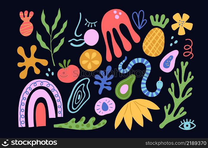 Organic blobs, tropic fruits, leaves, woman face and coral in matisse style. Set of trendy doodle abstract elements. Bundle with natural shapes, random freehand matisse collection. Vector illustration. Organic blobs, tropic fruits, leaves, woman face and coral in matisse style. Set of trendy doodle abstract elements. Bundle with natural shapes, random matisse collection. Vector illustration