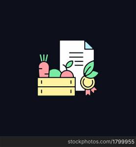 Organic certification RGB color icon for dark theme. Requirements for farm goods. Verification mark. Isolated vector illustration on night mode background. Simple filled line drawing on black. Organic certification RGB color icon for dark theme