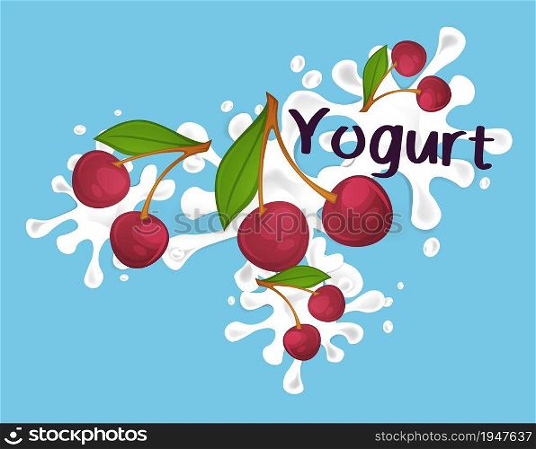 Organic cherry yogurt or milkshake, smoothie or sweet milk with fruits. Natural dairy product for healthy dieting and nutrition. Drink splashes, ads for package or emblem. Vector in flat style. Sweet cherry organic yogurt or milk, smoothie