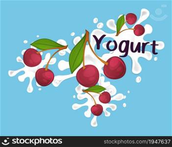 Organic cherry yogurt or milkshake, smoothie or sweet milk with fruits. Natural dairy product for healthy dieting and nutrition. Drink splashes, ads for package or emblem. Vector in flat style. Sweet cherry organic yogurt or milk, smoothie
