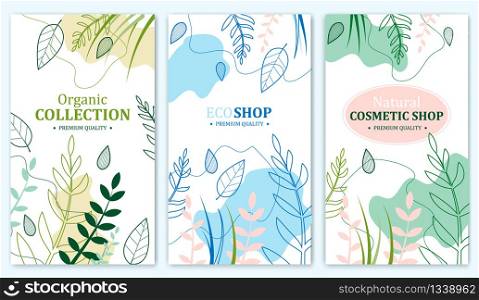 Organic Collection, Eco Shop, Natural Cosmetic Store with Premium Quality Cards or Posters Set. Selling Products Advertisement. Natural Design with Leaves in Different Colors. Herbs.