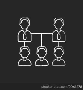 Organic company structure chalk white icon on black background. Horizontal interactions among employees. Flat reporting hierarchy. Leadership and personnel. Isolated vector chalkboard illustration. Organic company structure chalk white icon on black background