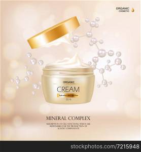 Organic cosmetic concept with cream container and gold cover for advertisement in fashion magazine realistic vector illustration. Organic Cosmetic Concept With Cream Container