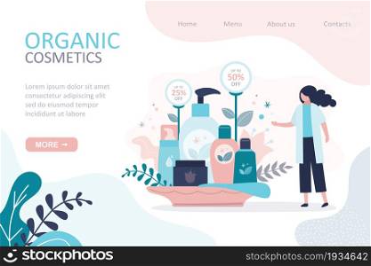 Organic cosmetic store landing page template. Seller provides discount on natural cosmetics. Assortment of different organic products, skincare concept. Various bottles, tubes. Vector illustration. Organic cosmetic store landing page template. Seller provides discount on natural cosmetics.
