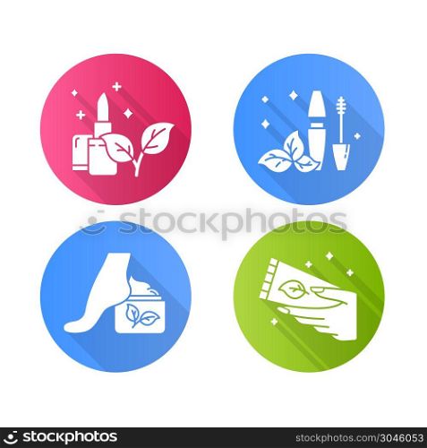 Organic cosmetics flat design long shadow glyph icons set. Lipstick. Mascara tube. Foot cream, lotion. Eco makeup items, beauty products. Paraben free. Vector silhouette illustration