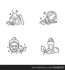 Organic cosmetics linear icons set. Face cream. Pressed makeup powder. Facial mask. Deodorant. Eco beauty products. Thin line contour symbols. Isolated vector outline illustrations. Editable stroke