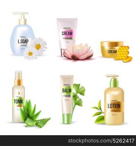 Organic Cosmetics Set. Set of organic cosmetics including cream balm soap tonic lotion with plants and honey isolated vector illustration