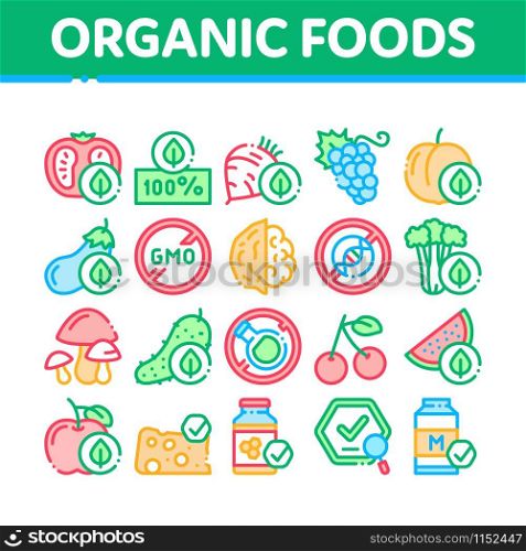 Organic Eco Foods Collection Icons Set Vector Thin Line. Organic Tomato And Mushrooms, Peach And Grape, Apple And Cherry Concept Linear Pictograms. Color Contour Illustrations. Organic Eco Foods Collection Icons Set Vector