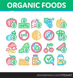 Organic Eco Foods Collection Icons Set Vector Thin Line. Organic Tomato And Mushrooms, Peach And Grape, Apple And Cherry Concept Linear Pictograms. Color Contour Illustrations. Organic Eco Foods Collection Icons Set Vector