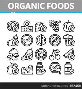 Organic Eco Foods Collection Icons Set Vector Thin Line. Organic Tomato And Mushrooms, Peach And Grape, Apple And Cherry Concept Linear Pictograms. Monochrome Contour Illustrations. Organic Eco Foods Collection Icons Set Vector