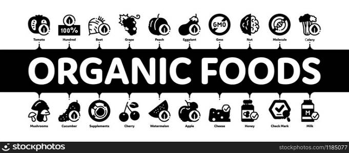 Organic Eco Foods Minimal Infographic Web Banner Vector. Organic Tomato And Mushrooms, Peach And Grape, Apple And Cherry Concept Illustrations. Organic Eco Foods Minimal Infographic Banner Vector