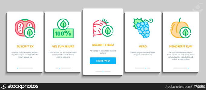 Organic Eco Foods Onboarding Mobile App Page Screen Vector. Organic Tomato And Mushrooms, Peach And Grape, Apple And Cherry Concept Linear Pictograms. Color Contour Illustrations. Organic Eco Foods Onboarding Elements Icons Set Vector