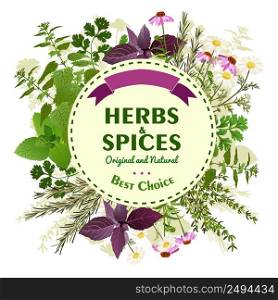 Organic emblem with herbs and spices and title on round background with ribbon vector illustration. Herbal Background With Meadow Flowers
