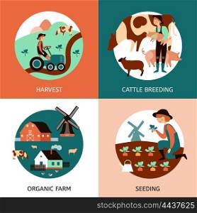 Organic Farm 4 Flat Icons Banner . Organic farm 4 flat icons square banner with cattle breeding sowing and harvesting abstract isolated vector illustration