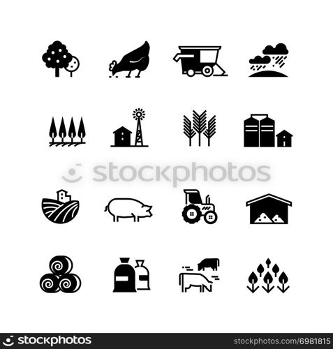 Organic farm and agriculture vector silhouette icons isolated. Agriculture farm silhouette, chicken and livestock illustration. Organic farm and agriculture vector silhouette icons isolated