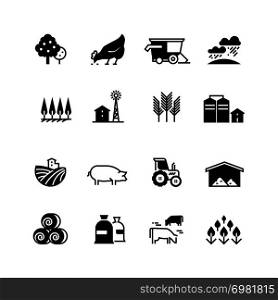 Organic farm and agriculture vector silhouette icons isolated. Agriculture farm silhouette, chicken and livestock illustration. Organic farm and agriculture vector silhouette icons isolated