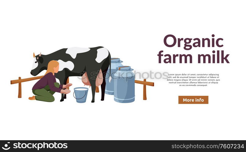 Organic farm flat background with images of woman milking cow editable text and more info button vector illustration