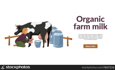 Organic farm flat background with images of woman milking cow editable text and more info button vector illustration