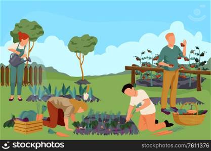 Organic farm flat composition with outdoor landscape and garden with people watering plants weeding gathering fruits vector illustration