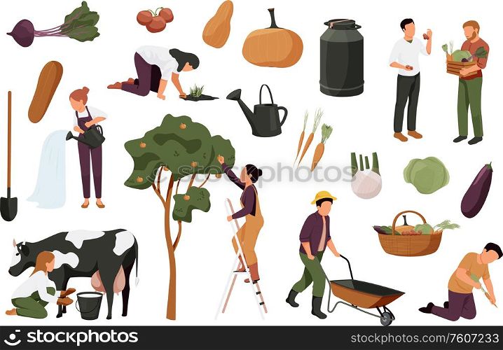 Organic farm flat recolor set with isolated fruit icons images of plants with faceless human characters vector illustration