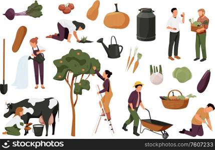 Organic farm flat recolor set with isolated fruit icons images of plants with faceless human characters vector illustration