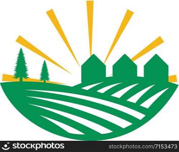 Organic farm logo design. agricultural landscape icon sky sun field grass for environmental emblem.