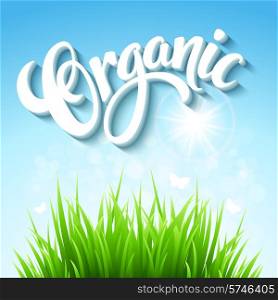 Organic Farm Logo with grass and sky EPS 10. Vector organic background. Hand drawn lettering