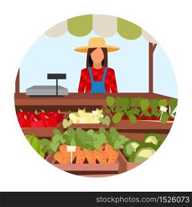 Organic farm products flat concept icon. Markers market stall sticker, clipart. Summer outdoor store with eco vegetables. Agribusiness, agriculture & farming. Isolated cartoon illustration on white