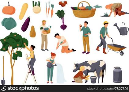 Organic farm set with flat isolated icons and images of vegetables fruits and characters of workers vector illustration