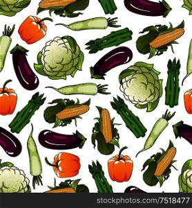 Organic farm vegetables pattern with seamless background of sweet corn and bell pepper, eggplant, fresh asparagus, cauliflower and daikon vegetables. Agriculture theme design. Organic farm vegetables seamless pattern