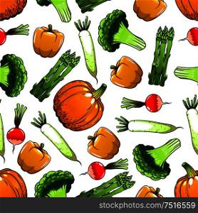 Organic farm vegetables seamless pattern with orange bell pepper and pumpkin, green broccoli and asparagus, red and white radish. Agriculture harvest, cooking or vegetarian menu design. Organic farm vegetables seamless pattern