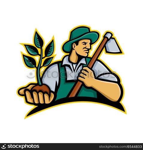 Organic Farmer Holding Plant Mascot. Mascot icon illustration of an organic farmer wearing a hat holding a plant by the palm of his hand with grab hoe on his shoulder looking to side on isolated background in retro style.. Organic Farmer Holding Plant Mascot