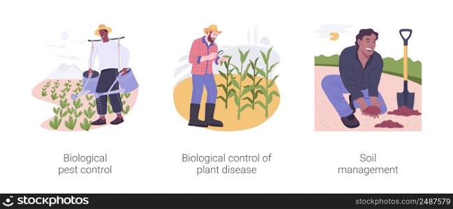 Organic farming industry isolated cartoon vector illustrations set. Biological pest control, plant disease management, soil health in modern agriculture, harvest protection vector cartoon.. Organic farming industry isolated cartoon vector illustrations set.