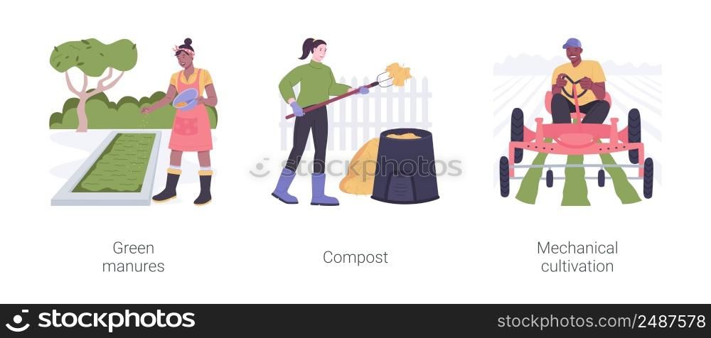 Organic farming methods isolated cartoon vector illustrations set. Green manures, organic waste use for compost, mechanical cultivation, weed control in modern agriculture vector cartoon.. Organic farming methods isolated cartoon vector illustrations set.