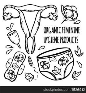 ORGANIC FEMININE HYGIENE Hand Drawn Vector Illustration Set