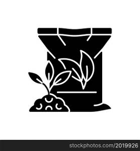 Organic fertilizers black glyph icon. Natural supplements for soil and plants. Ground enricher. Minerals and nutrients. Silhouette symbol on white space. Vector isolated illustration. Organic fertilizers black glyph icon