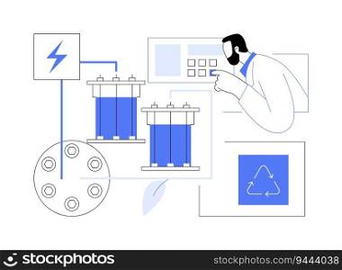Organic flow batteries abstract concept vector illustration. Engineer deals with organic redox flow, eco-friendly batteries, ecology environment, sustainable energy abstract metaphor.. Organic flow batteries abstract concept vector illustration.