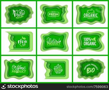 Organic food and supplies vector, isolated set of green logotypes, foliage vegetal elements, apple and plants with leaves natural meal and ingredients. Natural Food Logotypes with Plant Leaves Flora