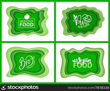 Organic food and supplies vector, isolated set of green logotypes, foliage vegetal elements, apple and plants with leaves natural meal and ingredients. Natural Food Logotypes with Plant Leaves Flora