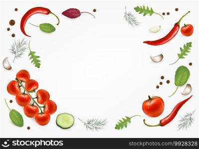 Organic food background and copy space. Fresh vegetables, herbs and spices frame. Food concept. Vector illustrtion