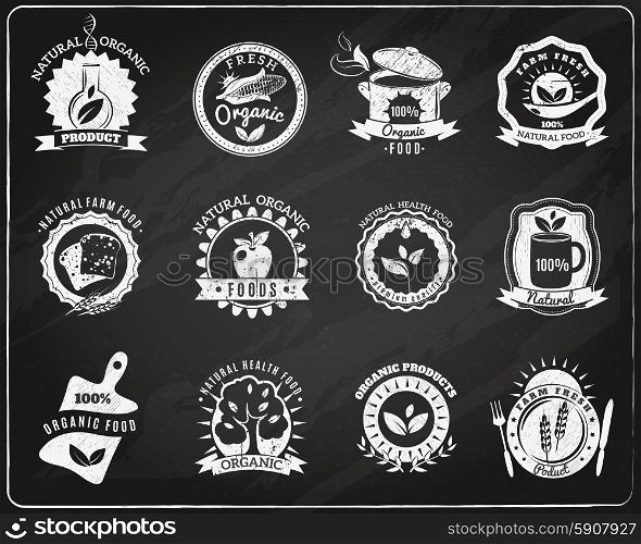 Organic food blackboard chalk labels set . Organic nature friendly food producing brands blackboard templates labels icons set white chalk abstract isolated vector illustration
