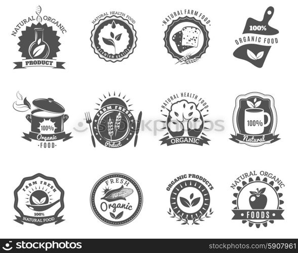 Organic food brands labels templates set black. Eco organic food brands emblems for best quality products black icons set abstract isolated vector illustration