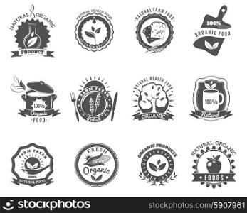Organic food brands labels templates set black. Eco organic food brands emblems for best quality products black icons set abstract isolated vector illustration
