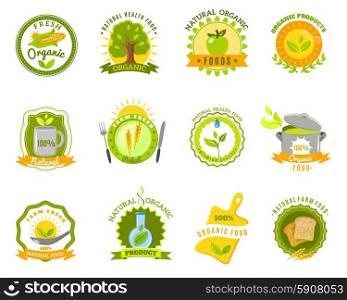 Organic food brands labels templates set flat. Eco organic farm quality fresh products for healthy natural food emblems icons set abstract isolated vector illustration