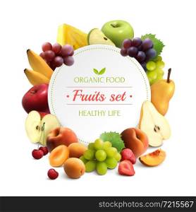 Organic food colorful background with fruits frame and round place for text realistic vector illustration . Fruits Frame Realistic Background
