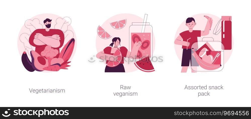 Organic food diet abstract concept vector illustration set. Vegetarianism and raw veganism, assorted snack pack, body detox, healthy nutrition, green salad, sate hunger, food abstract metaphor.. Organic food diet abstract concept vector illustrations.