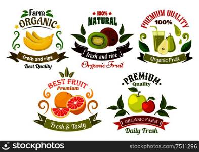 Organic food emblems of healthy fresh fruits with apples, bananas, oranges, kiwis and pears with juice, framed by green leaves, vintage ribbon banners and colorful swirls. Organic fresh fruits emblems and symbols