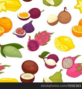 Organic food exotic fruits tropical products seamless pattern vector carambol and orange lemon and date dragon or passion, fruits litchi and coconut guava and feijoa longan endless texture harvest. Exotic fruits organic food farm products seamless pattern